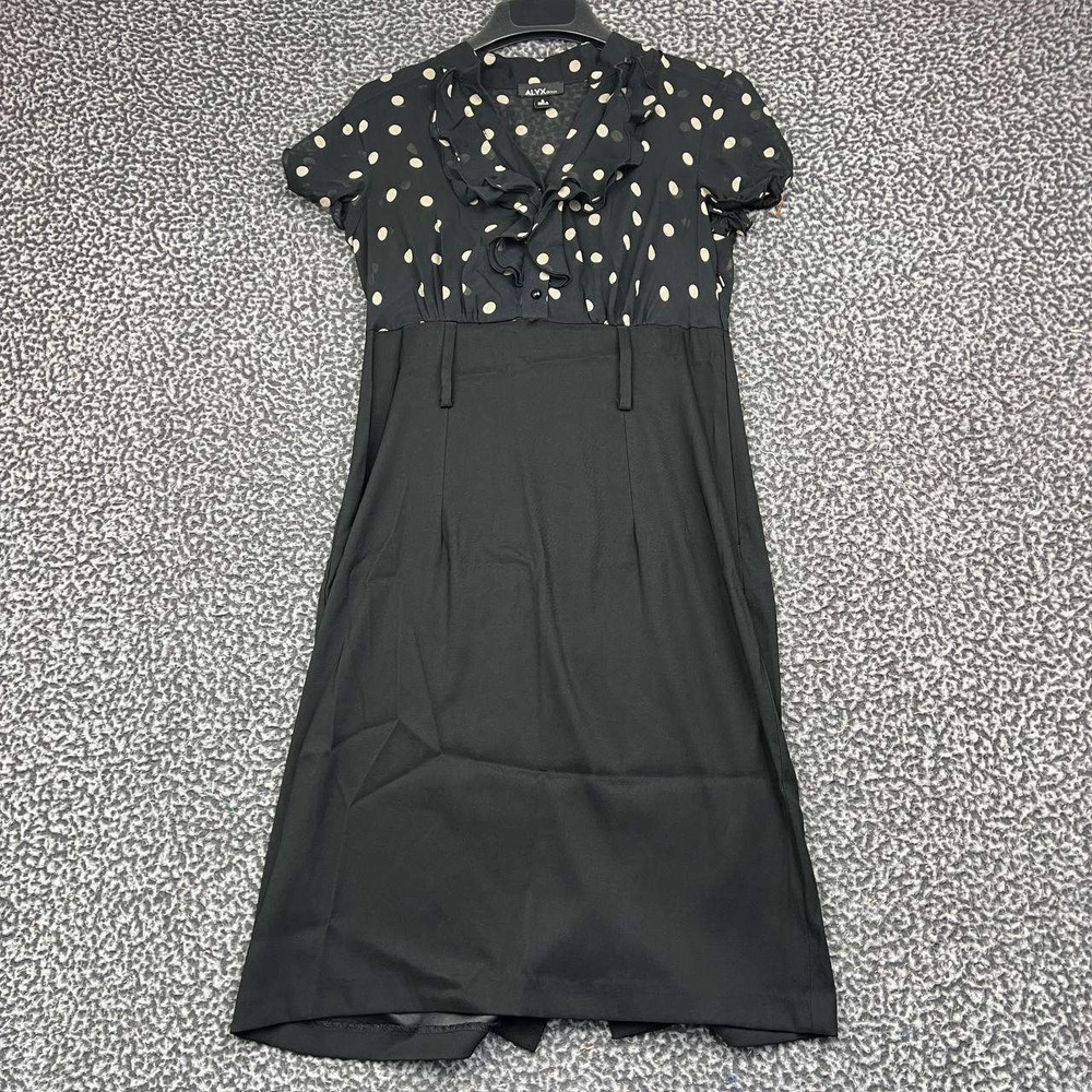 ALYX Dress Women 6 Black Polka Dot Ruffle Short Sleeve Sheath Career Midi